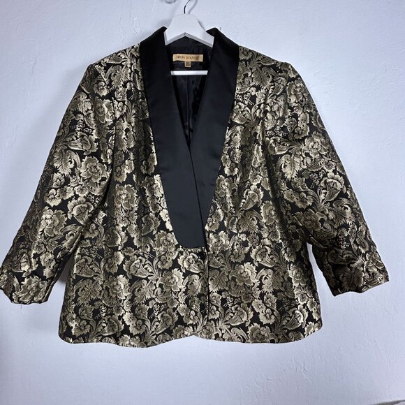 Nipon Boutique Jackets & Blazers - Nipon Boutique Womens Blazer Black Gold Floral Brocade Shawl Collar Size 20W